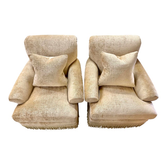 Pair of Custom Champagne Chenille Lounge Chairs With Bullion Fringe For Sale In Los Angeles - Image 6 of 8
