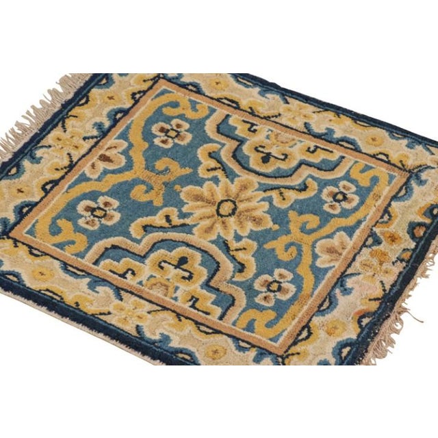 Rug & Kilim Antique Ningxia Square Rug in Blue With Gold Floral Patterns, From Rug & Kilim For Sale - Image 4 of 7