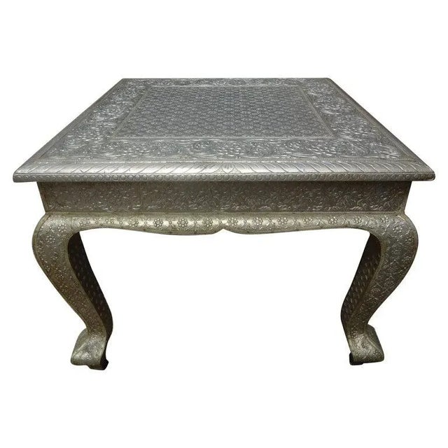 Wood Vintage Anglo-Indian Silver Metal Clad Table For Sale - Image 7 of 8