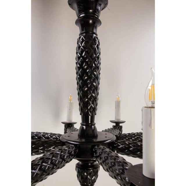 French Black Lacquered Wood Chandelier with Eight Lamps, 1940 For Sale - Image 9 of 13