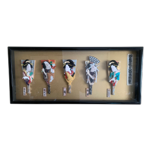 1960s Japanese Kabuki Hagoita Framed Wood Fan Paddles