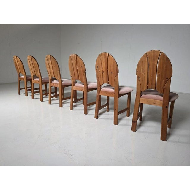 Pink Velvet and Pine Dining Chairs, Sweden, 1970s, Set of 6 For Sale - Image 3 of 8