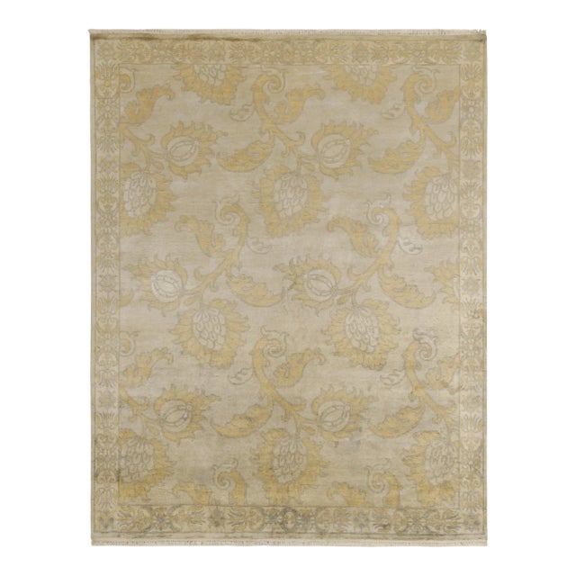 Rug & Kilim’s Classic Style Rug in Tan With Blue and Gold Floral Patterns For Sale