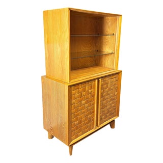 Mid Century Modern Bleached Oak Basket Weave China Cabinet by Paul Laszlo for Brown Saltman For Sale