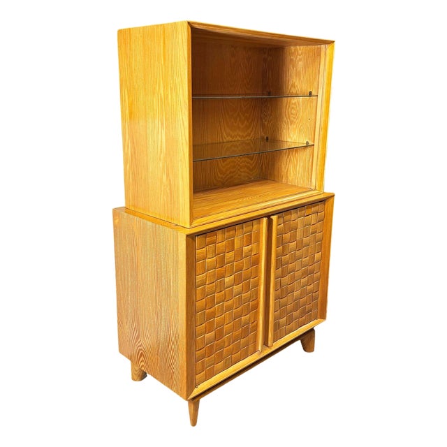 Mid Century Modern Bleached Oak Basket Weave China Cabinet by Paul Laszlo for Brown Saltman For Sale