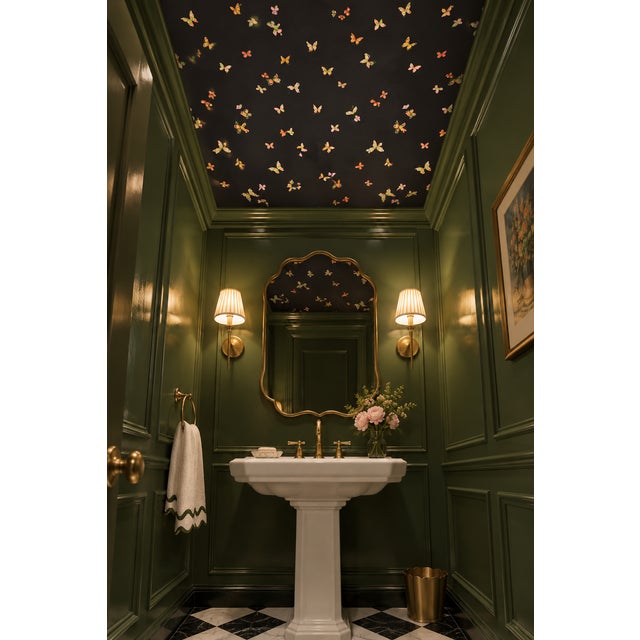 Chinoiserie Butterfly Grove Grasscloth Wallpaper by House Party | Midnight Black | 6 Yards For Sale - Image 3 of 9
