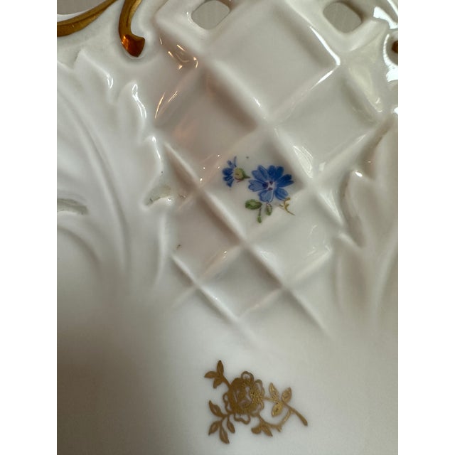 1970s Reichenbach Germany 11" Diameter Footed Floral Gold Trim Reticulated Dish For Sale - Image 14 of 18