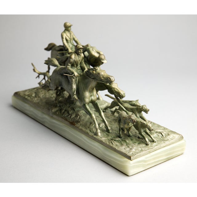 Early 20th Century Continental Gilt Metal Equestrian Hunt Group, Circa 1900 — Riders, Horses & Hounds on Green Onyx Base For Sale - Image 5 of 14