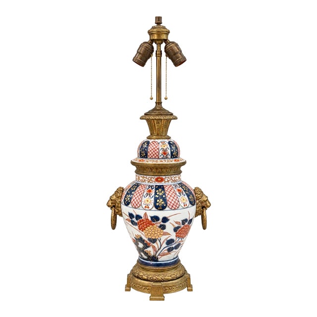 19th Century Japanese Arita Porcelain Vase & Gilt Bronze Lion Head Table Lamp For Sale