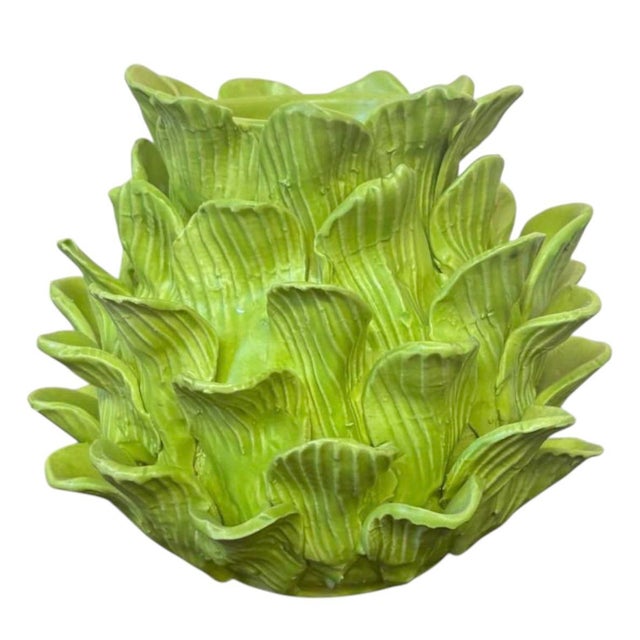 Italian Vintage Italian Majolica Green Trompe l'Oeil Artichoke Leaf Vase For Sale - Image 3 of 12