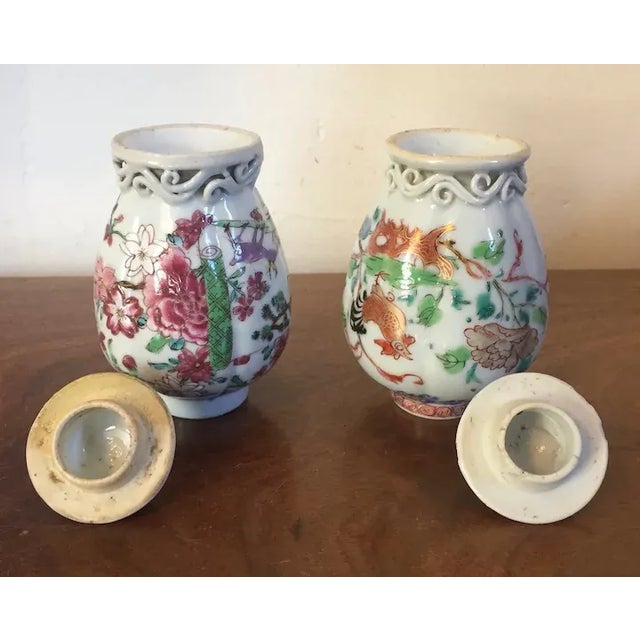 Ceramic Antique 18th Century Chinese Export Porcelain Tea Caddies Decorated with Rooster and Deer in Famille Rose - A Pair For Sale - Image 7 of 13