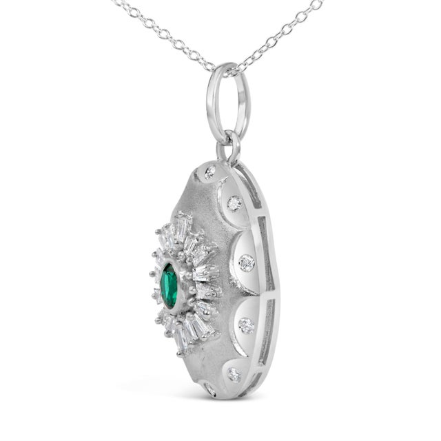 Haus of Brilliance Sterling Silver Lab Grown Emerald and Diamond Sunburst Medallion Pendant Necklace For Sale - Image 4 of 4