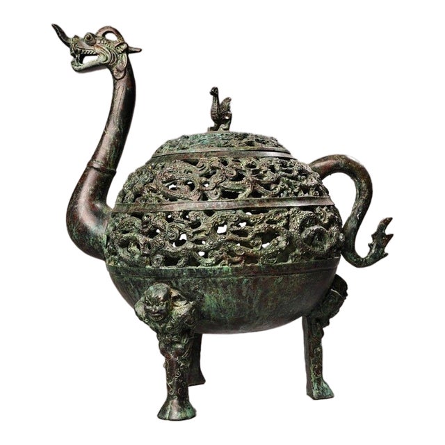 Monumental Vintage Bronze Bird & Beast Incense Burner – Archaic Style Censer With Inscription For Sale