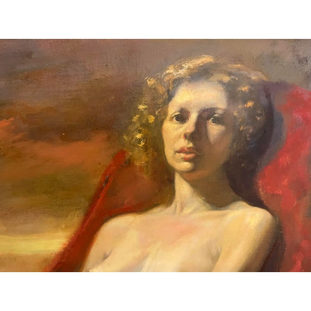 Vintage Oil on Canvas Painting of a Nude Woman on Red Fabric For Sale - Image 4 of 9