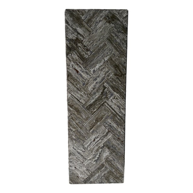 Gray Stone Herringbone Pedestal With Sculptural Geometric Inlay For Sale