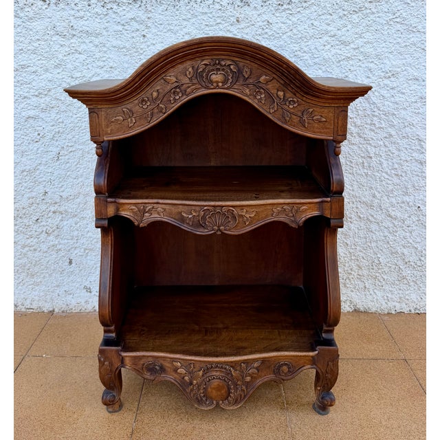 French Provincial 1950s Spanish Carved Wood Open Shelf With Floral Decoration For Sale - Image 3 of 13