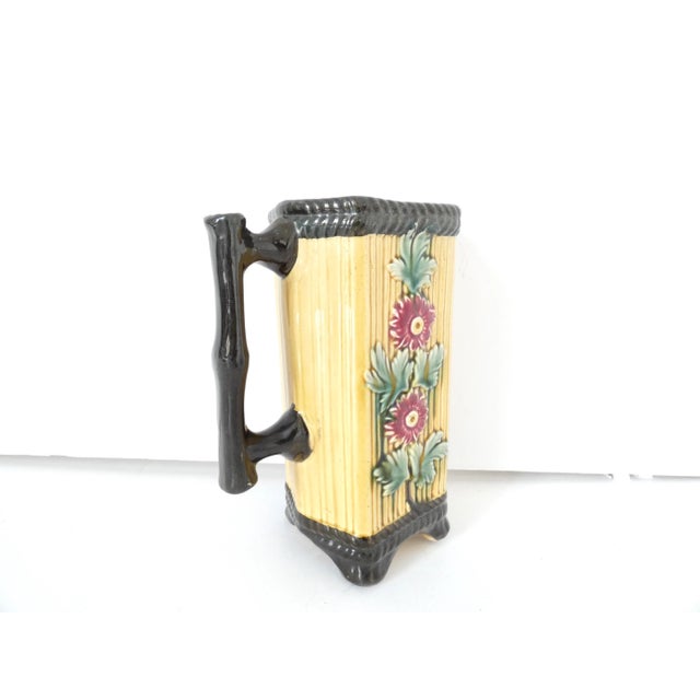 19 century cherry yellow and burgundy green barbotine pitcher for water, milk or wine. Use it at your picnic table in the...