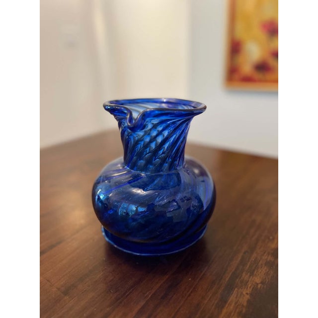 Mid 20th Century Vintage Hand-Blown Cobalt Blue Glass Pitcher With Matching Saucer For Sale - Image 5 of 9