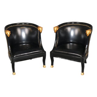 20th C Pair French Directoire Style Ebonized and Gilt Ramshead Club Chairs For Sale