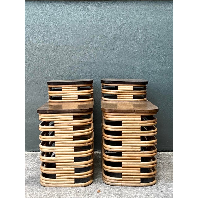Mid-Century Modern Vintage Stacked Rattan Side Tables After Frankl - A Pair For Sale - Image 3 of 12