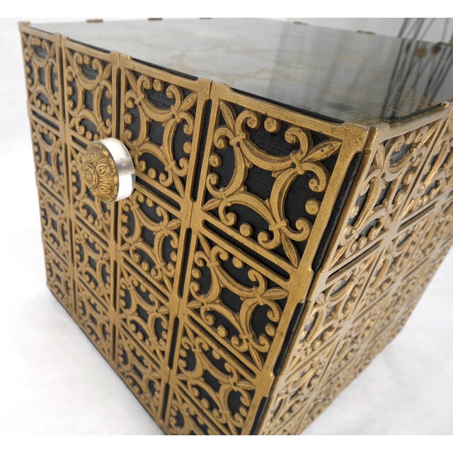 Mid 20th Century Decorative Brass Pattern Shaped Cube Base Side Table w/ Smoke Mirrored Top MINT For Sale - Image 5 of 13