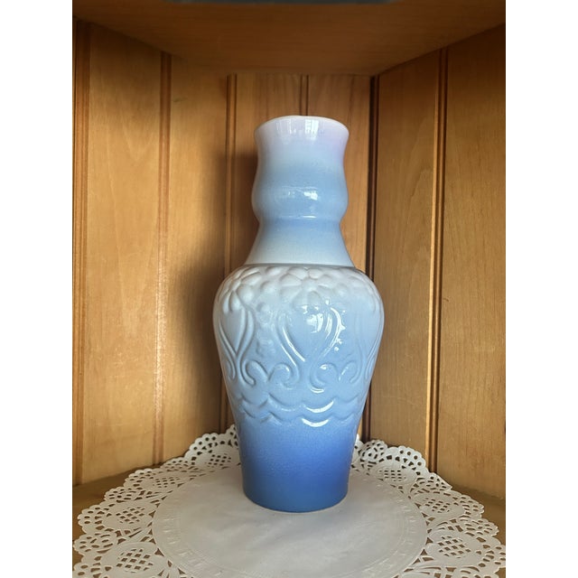 Vintage Art Deco Blue Ombre Tall Ceramic Vase Textured Floral Patterns Glossy Finish 1930s This ceramic vase features a...