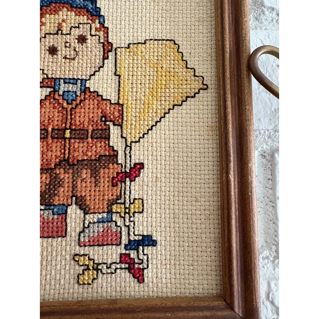 Vintage Cottage Core Wall Hanging Art. Cross Stitch/ Needle Point Art. Smoke fear, age appropriate wear as pictured on the...