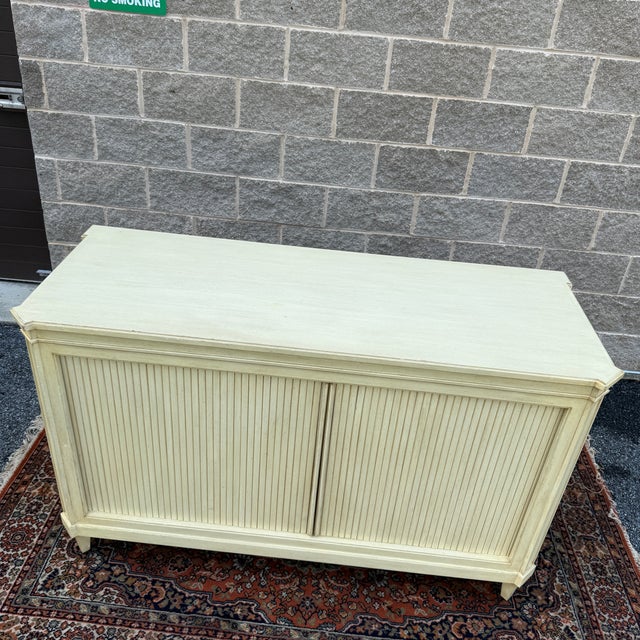 Late 20th Century Vintage Baker Furniture Neoclassical Tambour Door Media Credenza in Toupe For Sale - Image 5 of 17