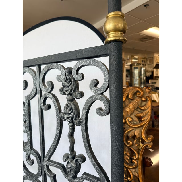 Ralph Lauren Forged Iron Canopy Queen Four Poster Bed With Scrollwork and Brass Finials For Sale - Image 4 of 10