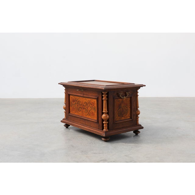 Neo-Renaissance Walnut Chest with Inlaid Front Panel and Turned Columns, Belgium, 1880s For Sale - Image 4 of 15