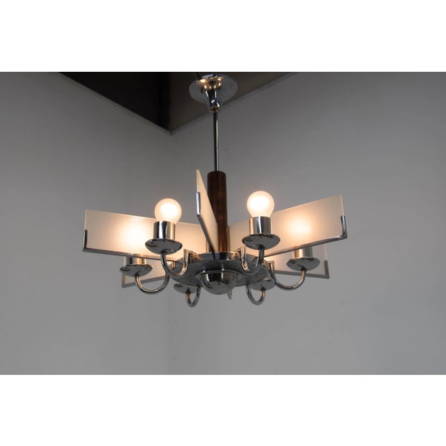 Art Deco Chandelier in Chrome, Wood and Sandblasted Glass, 1940s For Sale - Image 3 of 13