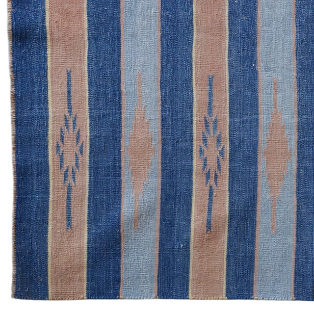 Rug & Kilim Vintage Dhurrie Rug With Blue and Beige Stripes | Rug & Kilim For Sale - Image 4 of 5