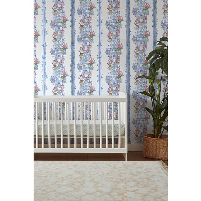 Blue Chinoiserie Shenanigans Toile Grasscloth Wallpaper by House Party | Azure Blue | 6 Yards For Sale - Image 8 of 9