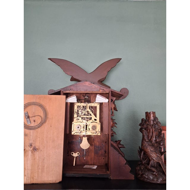 Brown Important Masterpiece Black Forest Table-Fireplace Clock, Cuckoo Clock Made by Aleksander Fleig, Set of 3 For Sale - Image 8 of 10