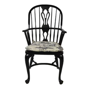 Black English Style Arm Windsor Chair Bench Made With Toile Blue Chair Pad