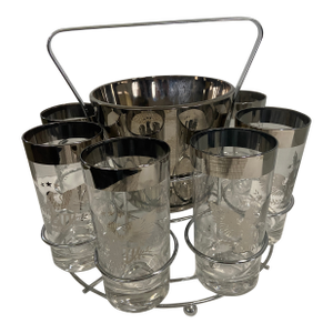 Mid Century Culver Style Glasses Ice Bucket & Carrier- Set of 10