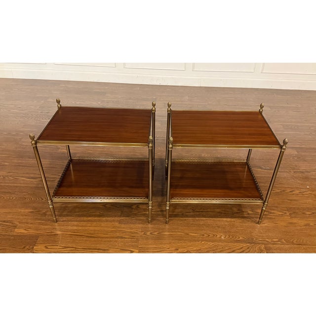 Pair of Two Tiered Brass and Wood End Tables by Leighton Hall - Showroom Samples For Sale - Image 14 of 17