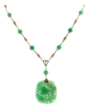 1930's 14k Yellow Gold Carved Jadeite Station Style Necklace