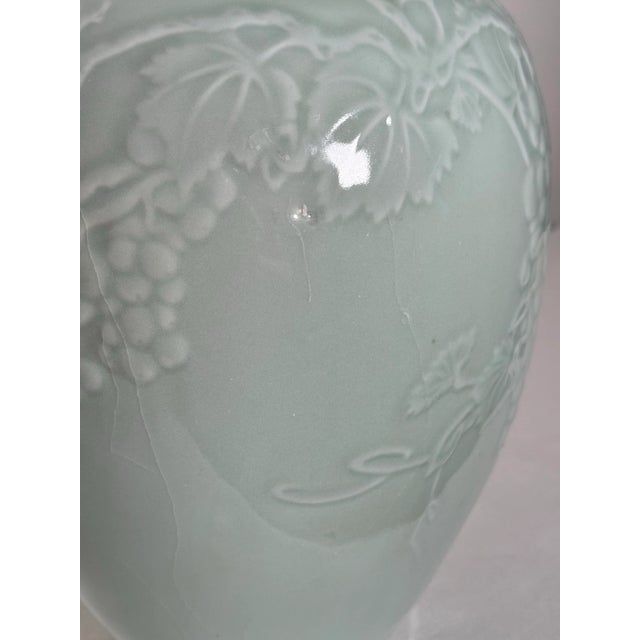 Mid 20th Century Asian Celadon Green Embossed Porcelain Vase, Grapes & Grapevine For Sale - Image 5 of 9
