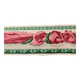 Vintage Schumacher Hand-Printed Wallpaper Border Ribbon and Pearls-Pink and Emerald 25 Yard Bolt For Sale