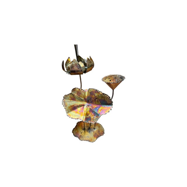 Metal Vintage Brutalist Welded Metal Lotus Flower Sculpture Iridescent Torch Patina Lily Pad Art 18” For Sale - Image 7 of 7