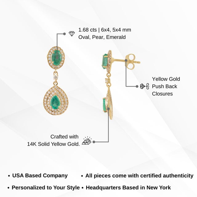 1.68ct Pear-Cut Emerald & Diamond Double Halo Drop Earrings in 14k Yellow Gold- 2 Pieces For Sale - Image 11 of 14