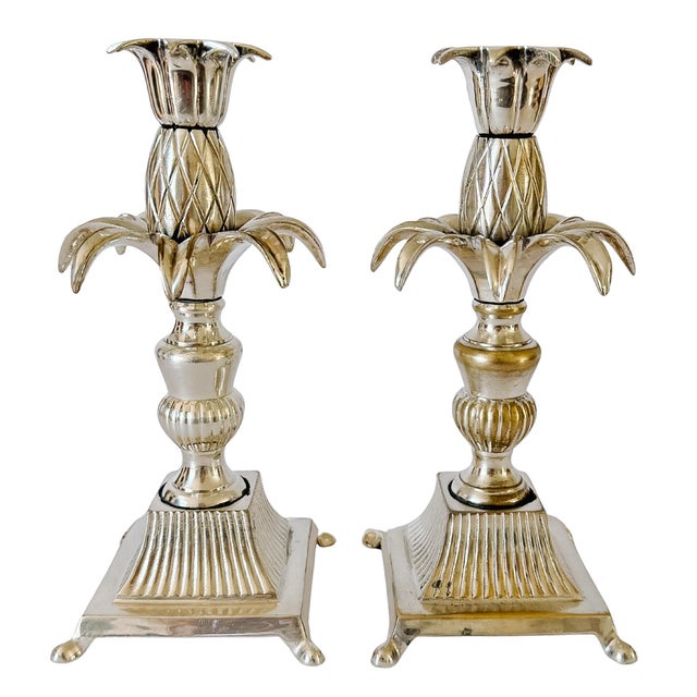 Silver Vintage Hollywood Regency Silver Plated Brass Pineapple Candlesticks - A Pair For Sale - Image 8 of 10