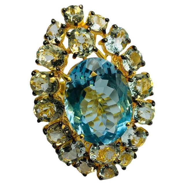 Bochic "Orient" Vintage AquaMarine & Blue Topaz Ring Set In 18K Gold & Silver For Sale - Image 15 of 18