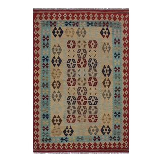 Tribal Kilim Tan Red Wool Rug - 4'7" X 6'8" For Sale