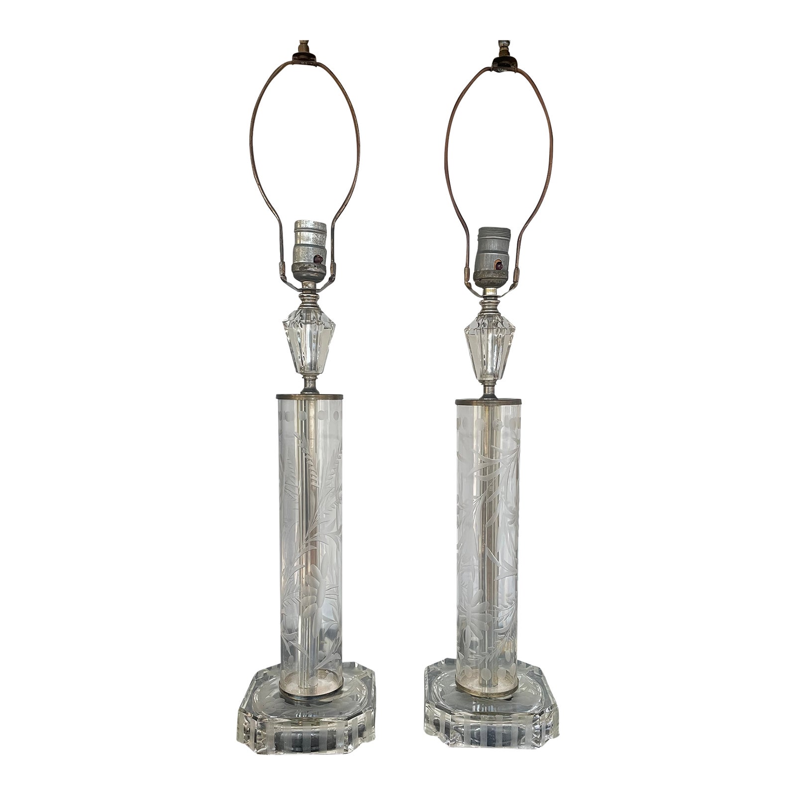 Pair of Vintage Art Deco Glass / Crystal Table Lamps With Etching
