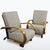 Pair of 1930s Art Deco reclining armchairs with restored oak frames and newly upholstered cushions. Bentwood armrests,...