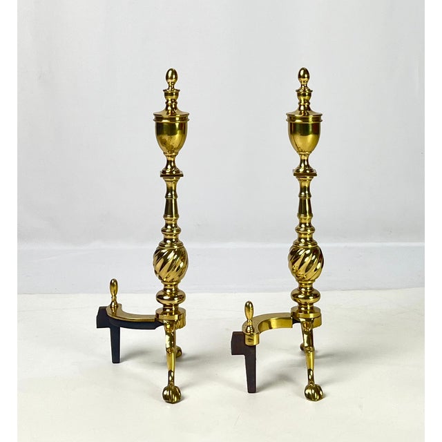 Hollywood Regency Pair of Vintage Brass Urn & Spiral Federal Style Flame Top Andirons – Claw & Ball Feet For Sale - Image 3 of 13