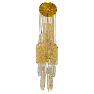 Glass Murano Gold Ice Frost Leaves Brass Structure Pendant from Mazzega, Italy, 1970s
