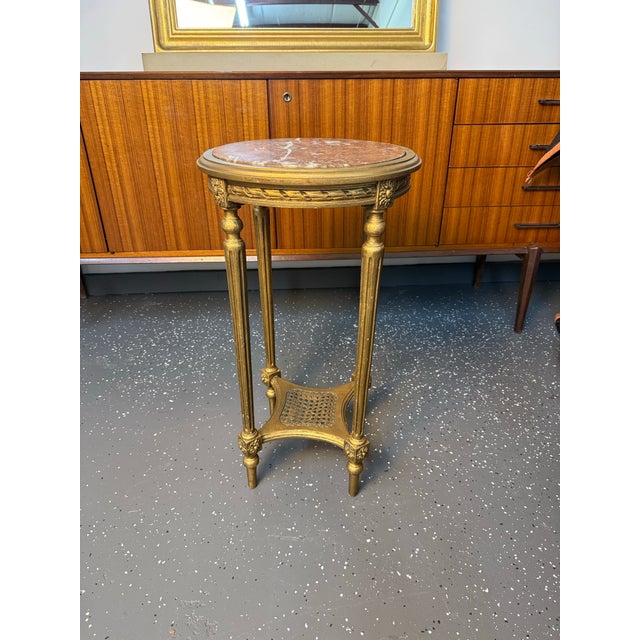 French Louis XVI Inset Marble Top Gilded Pedestal For Sale - Image 4 of 12